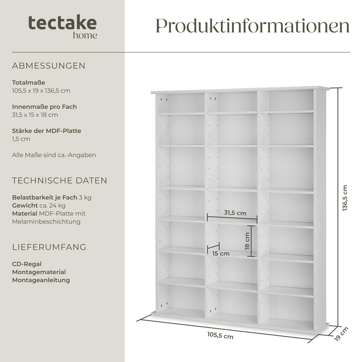 CD/DVD Regal Stevie,105,5 x 19 x 136,5 cm,weiß matt - Weiß, Holz (19/136.5/105.5cm) - tectake