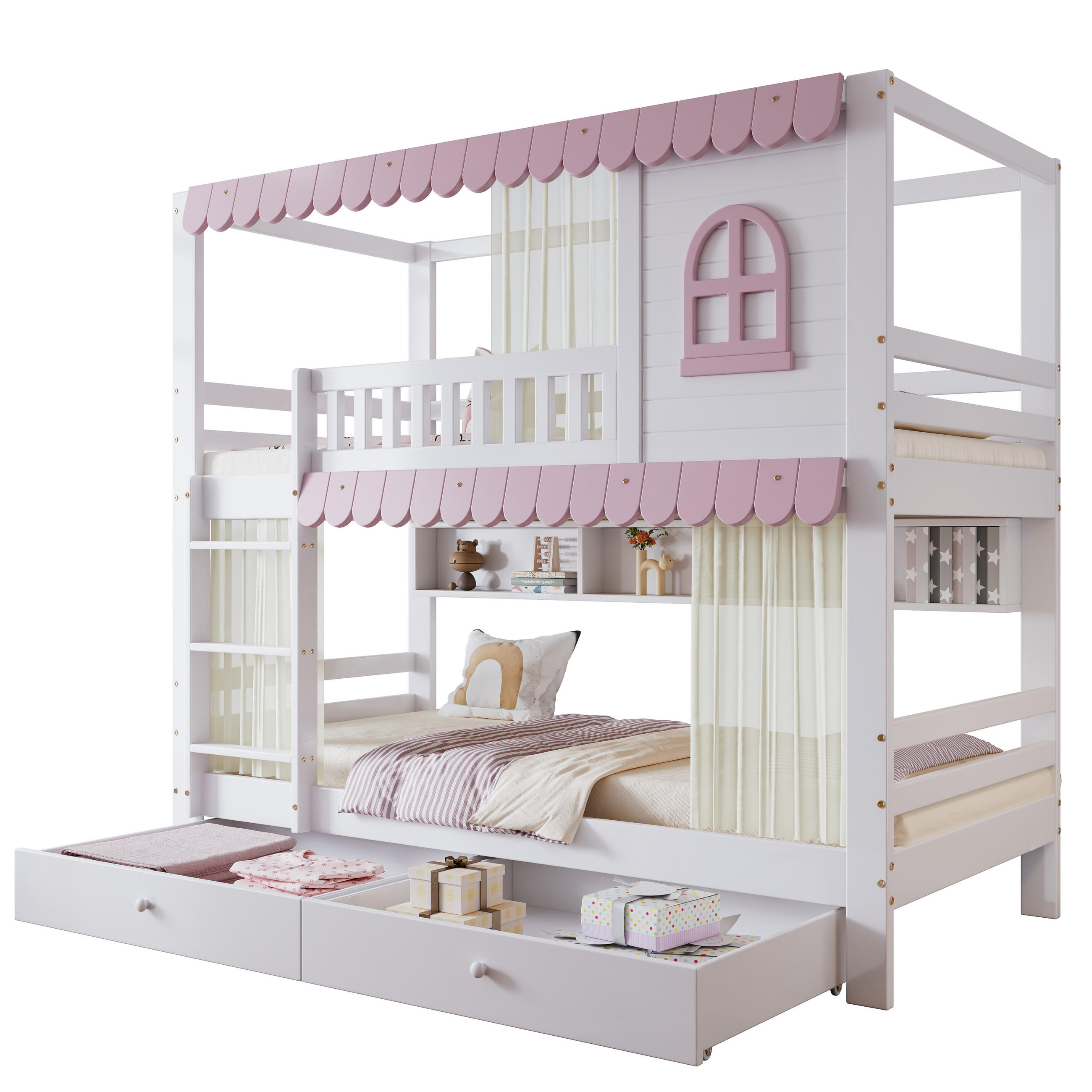 ETAGENBETT 90/200 cm mit Fallschutz, Fenster, Vorhängen, Regalen und 2 Schubladen, Weiß/Rosa - Weiß, Holzwerkstoff (90/200cm) - Redom