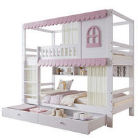 ETAGENBETT 90/200 cm mit Fallschutz, Fenster, Vorhängen, Regalen und 2 Schubladen, Weiß/Rosa - Weiß, Holzwerkstoff (90/200cm) - Redom
