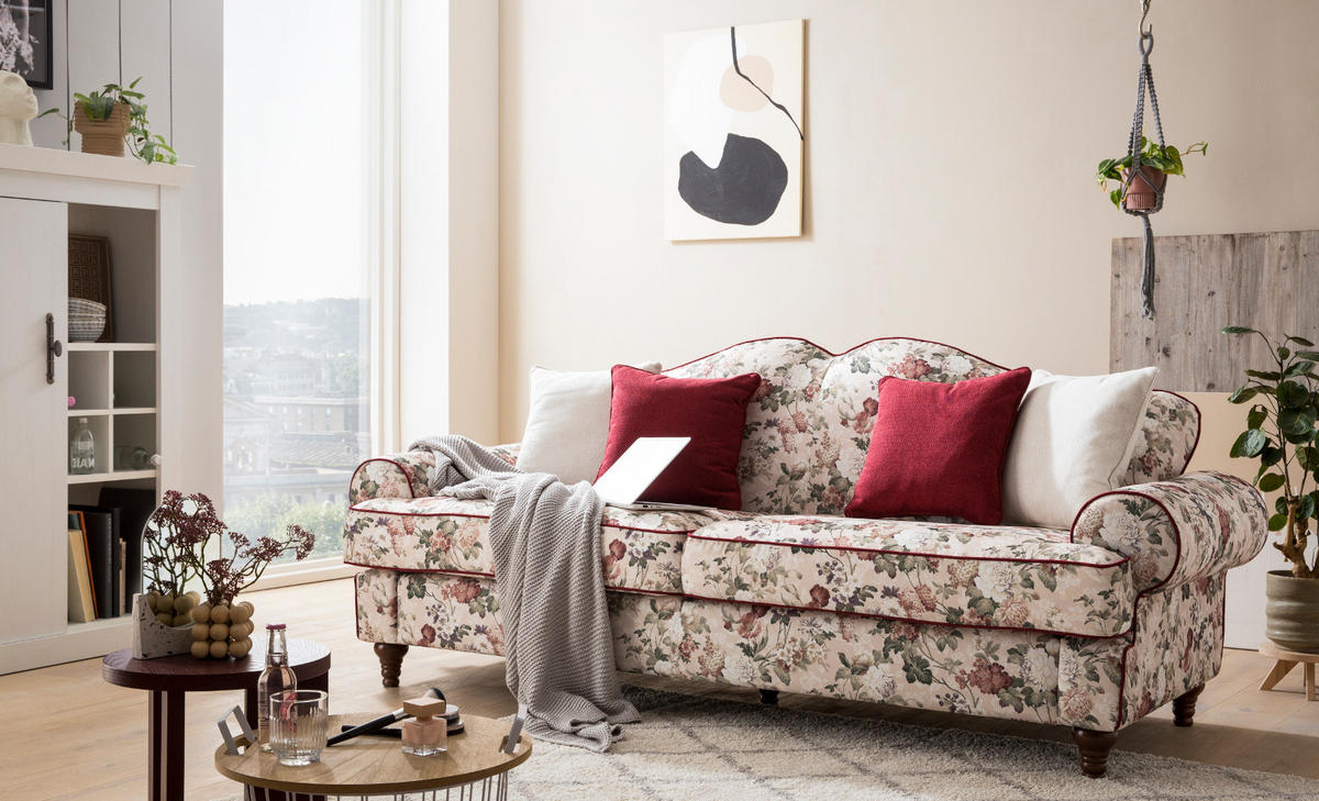 SOFA 3,5-SITZER creme Landhaus, Blumen Design, Couch 228 cm - Beige/Rot, Holz/Textil (228/96/90cm) - Furn.Design