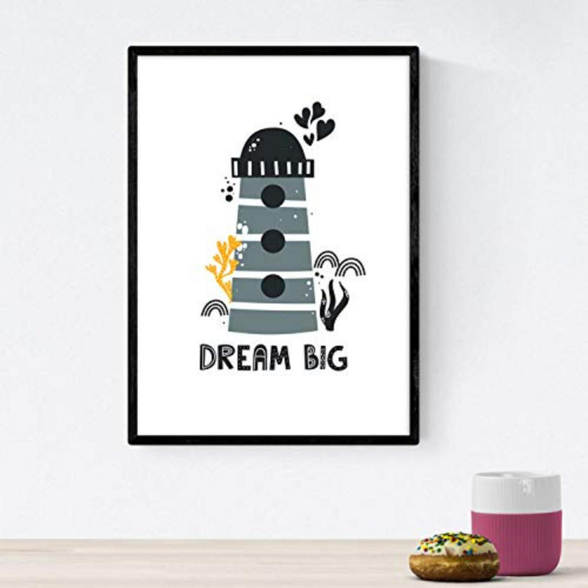 POSTER Set mit 4 Wale Leuchtturm Marine Schiff auf dem Meeresboden A3 Schwarzer Rahmen - Schwarz, Papier (29.7/3cm) - Nacnic