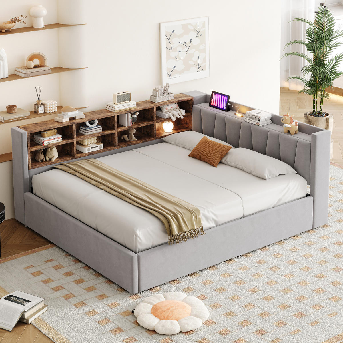 SCHLAFSOFA 140/200 cm in Hellgrau Samt mit Stauraum, LED und USB - Hellgrau, Holzwerkstoff/Textil (140/200cm) - WISHDOR