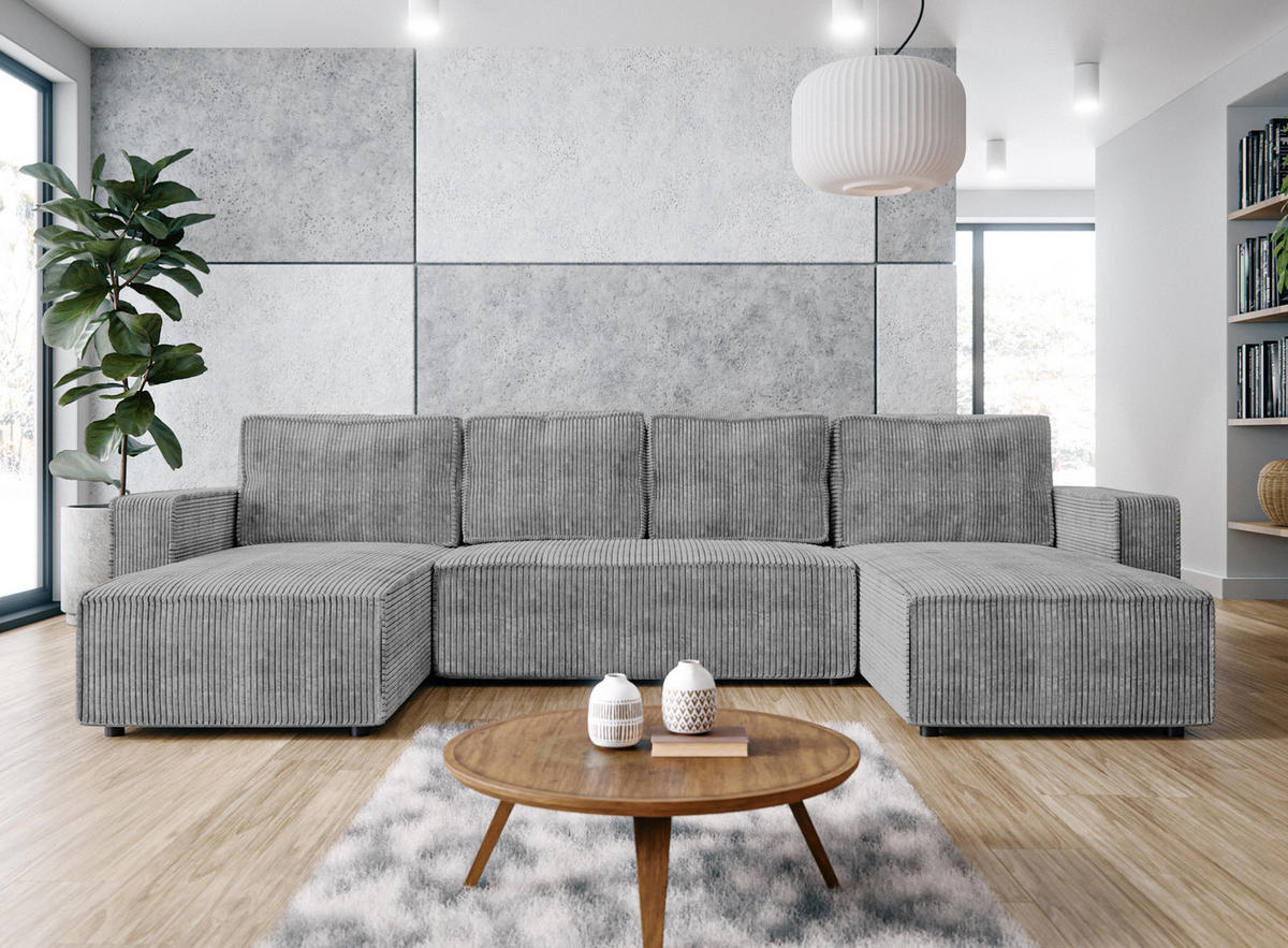 WOHNLANDSCHAFT Aydin U Form Hellgrau 338/169/85 cm Cord mit Schlaffunktion - Hellgrau/Schwarz, Kunststoff/Textil (338/85/169cm) - AX Living