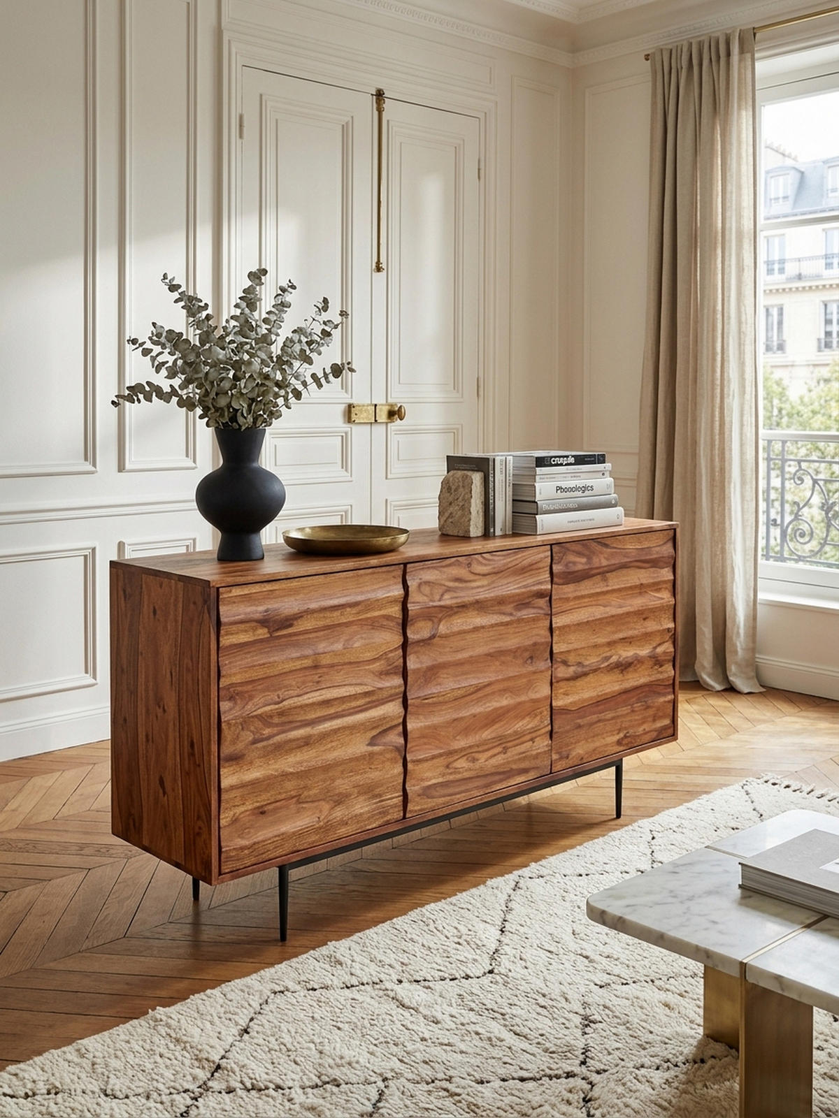 SIDEBOARD – Massivholz, 150 cm breit, 3 Türen, modern - Schwarz/Braun, Holz/Metall (150/81/41cm) - KADIMA DESIGN