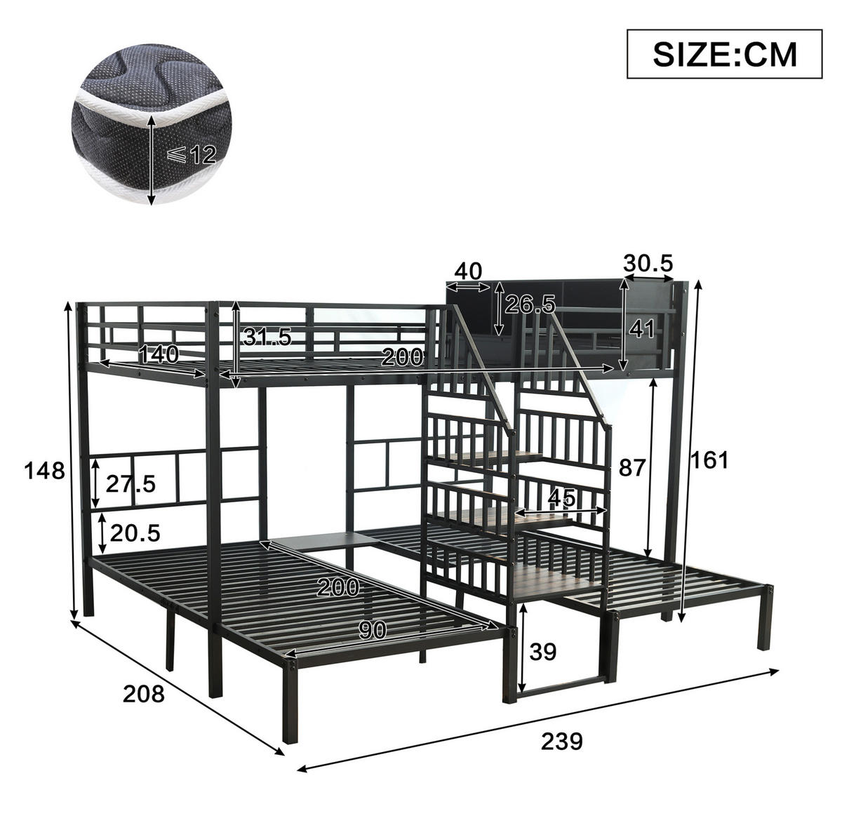 ETAGENBETT mit 3 Schlafplätzen 90x200 & 140x200 cm in Schwarz mit Stauraum - Schwarz, Metall (140/200cm) - IVMEU