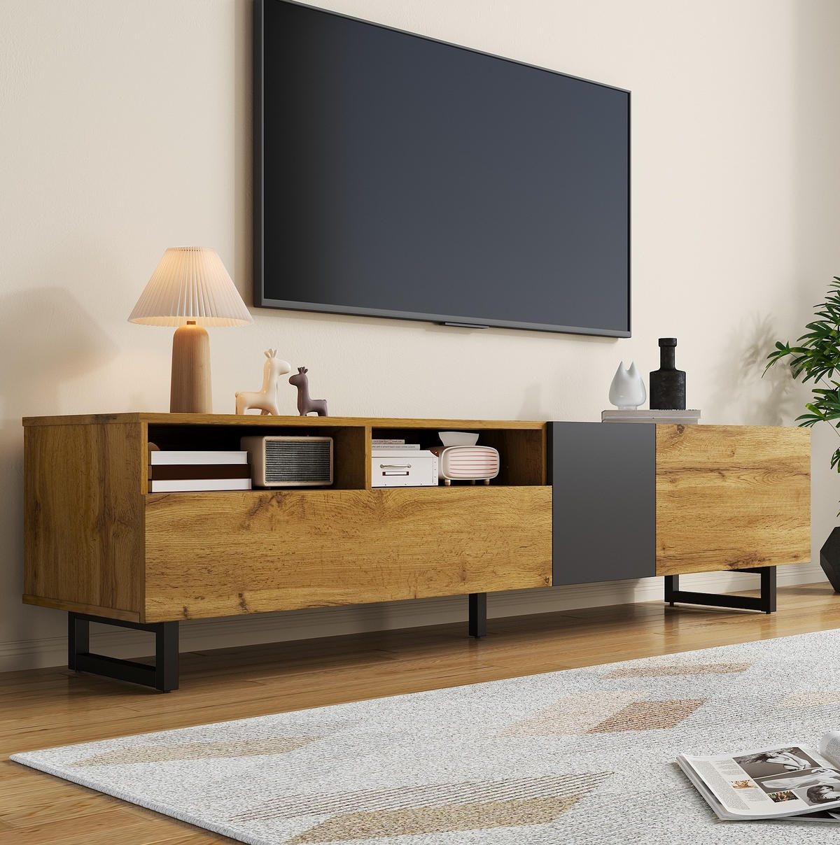 TV-LOWBOARD aus melaminbeschichteter Spanplatte 170x36,5x42 cm Naturholz/Dunkelgrau mit 3 Türen - Naturfarben, Holzwerkstoff (170/42/36.5cm) - IVMEU