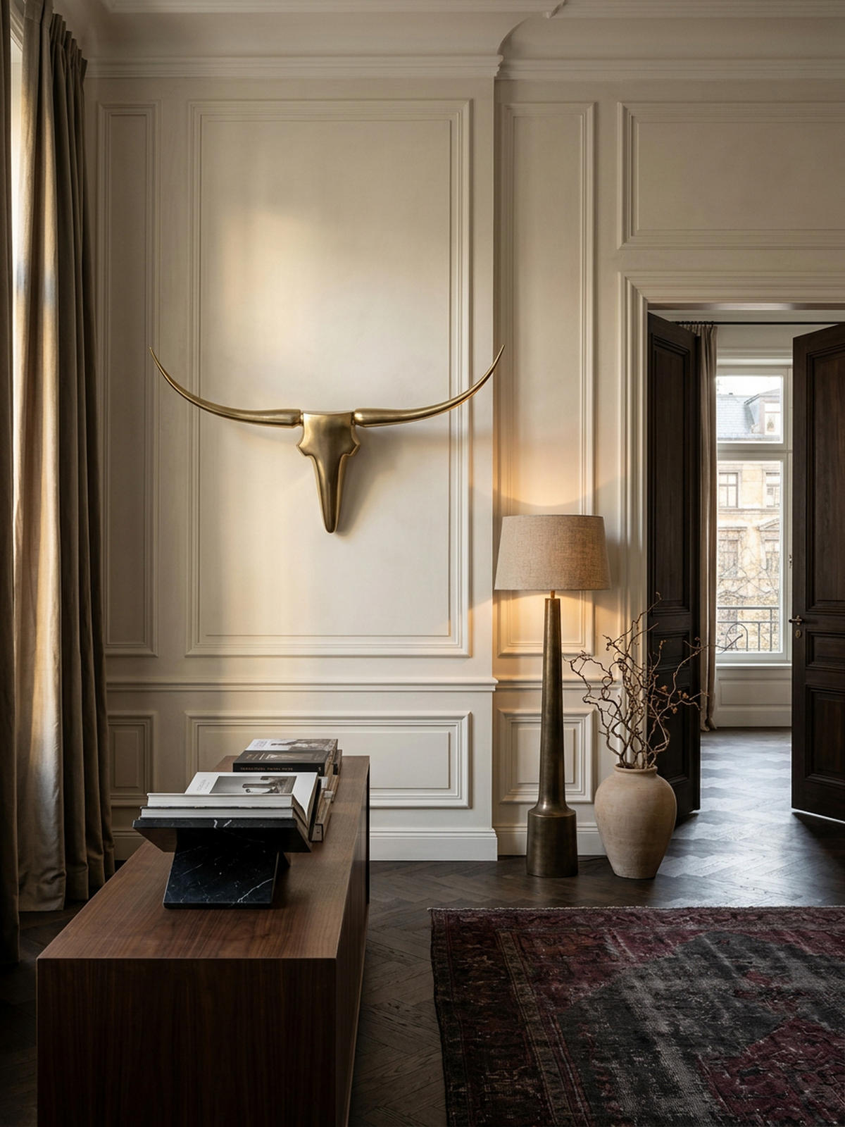 WANDDEKO Bull Geweih aus Aluminium 125 cm Breite, Gold 125x10x60 cm - Goldfarben, Metall (125/60/10cm) - KADIMA DESIGN