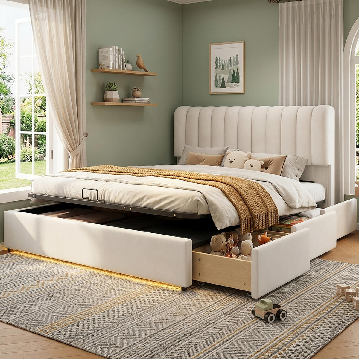 POLSTERBETT 140/200 mit hydraulischem Bettkasten, 3 Schubladen und LED-Lichtleiste in Beige - Beige, Holzwerkstoff/Textil - EVRYAE