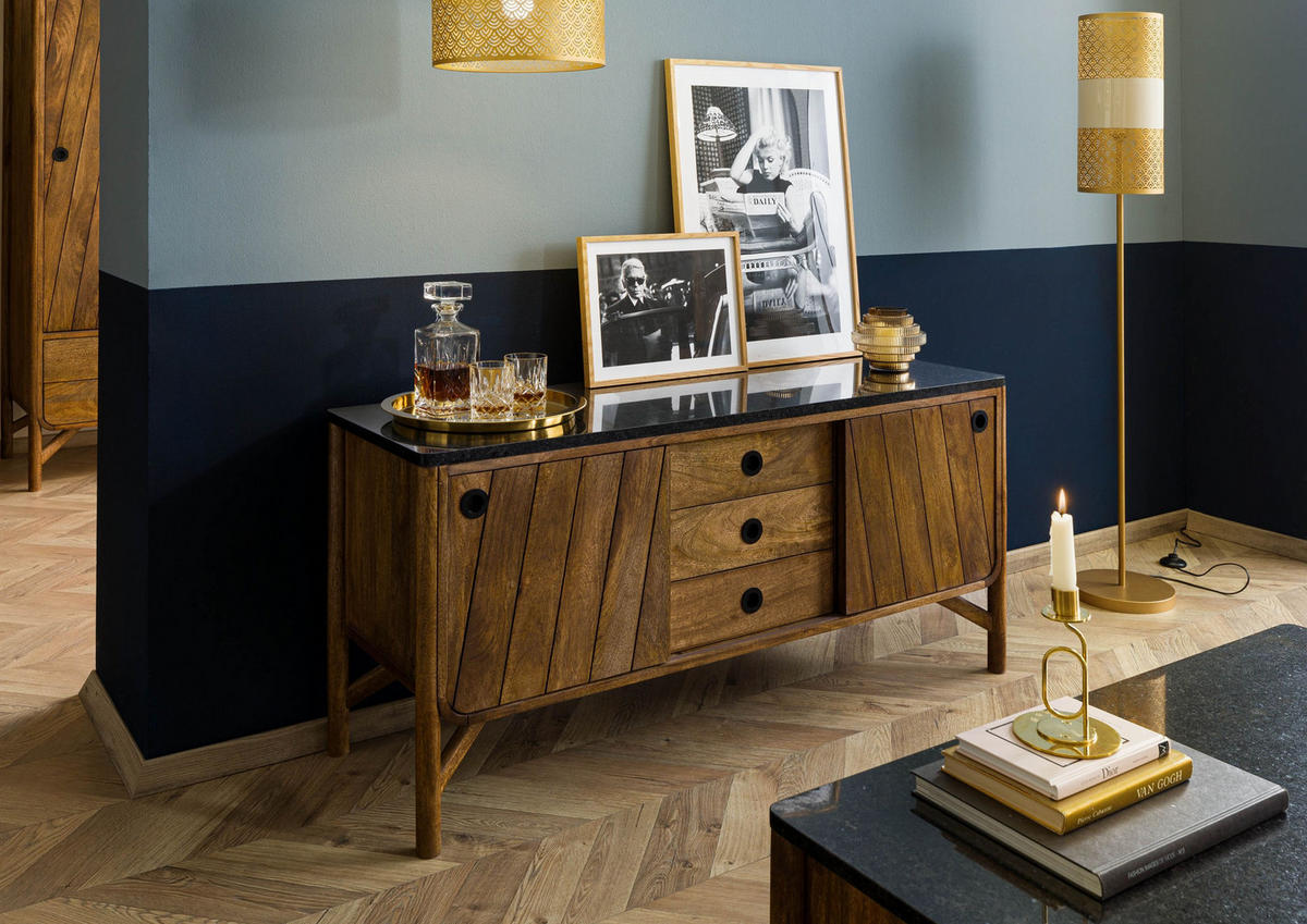 SIDEBOARD Mango 140x45x65 braun geölt / dunkler Granit LOS ANGELES #108 - Braun, Holz (140/65/45cm) - Massivmoebel24