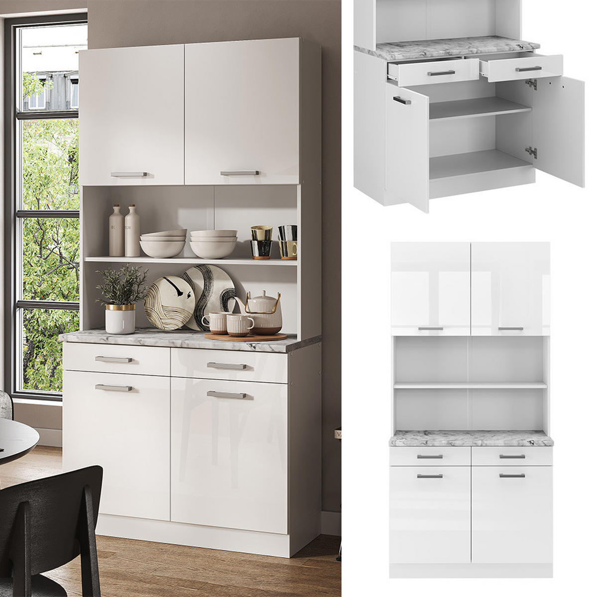 BUFFET R-Line Weiß Hochglanz 100 cm, AP Marmor - Weiß Hochglanz/Weiß, Holzwerkstoff (100/81.6/60cm) - Vicco