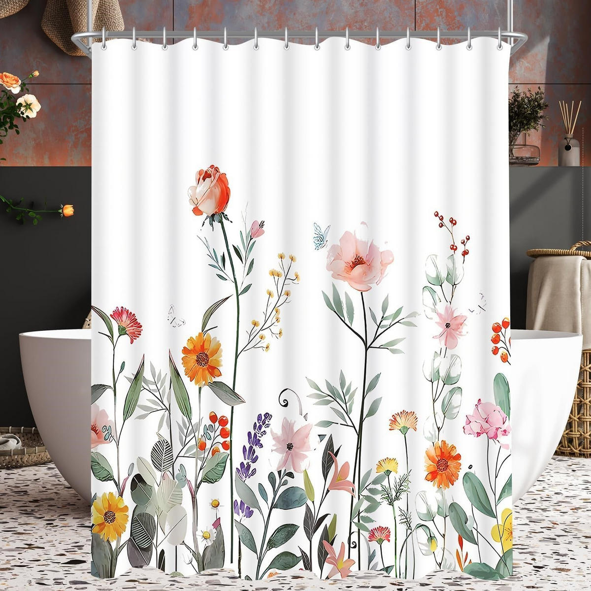 DUSCHVORHANG Blumenmuster Rot 180/180 cm Polyester Wasserabweisend Schimmelresistent - Weiß, Kunststoff (180/180cm) - MCBOSON