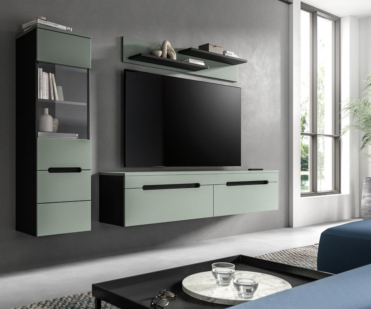 WOHNWAND Salbei grün, grau, Kombination 3-teilig 220 cm hängend oder stehend, Soft-Close - Salbeigrün/Schwarz, Glas/Holzwerkstoff (221/141/33cm) - Inn.Furn