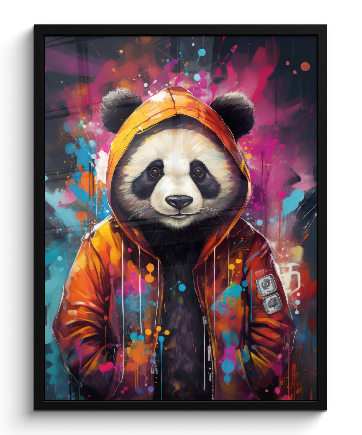 GERAHMTES BILD Panda - Jacke - Graffiti - Orange 60x80 cm - Orange, Papier (60/80cm) - MuchoWow