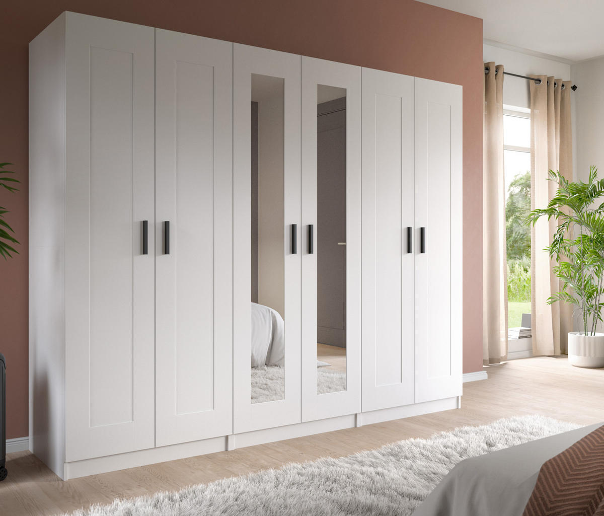 KLEIDERSCHRANK in weiß 240 x 194 cm skandinavisch, Drehtürenschrank 6-türig mit Spiegel - Schwarz/Weiß, Glas/Holzwerkstoff (240/194/56cm) - Inn.Furn