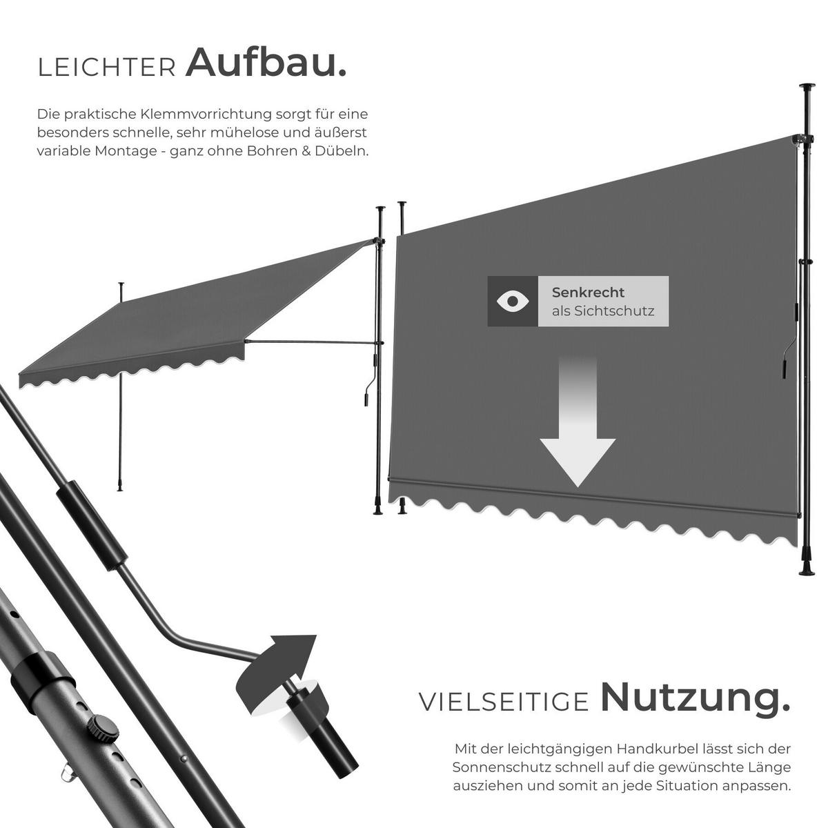 KLEMMMARKISE MIT HANDKURBEL , wasserabweisend, schwarz/grau - Schwarz/Grau, Textil (400/304/180cm) - tectake