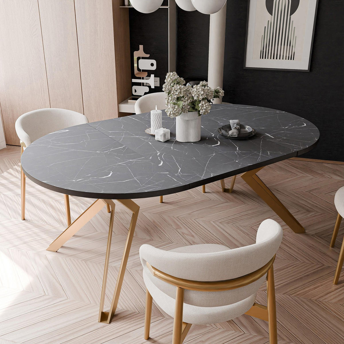 ESSTISCH ausziehbar aus MDF, Schwarz - Goldfarben/Schwarz, Holzwerkstoff (120/120/76cm) - Idohome