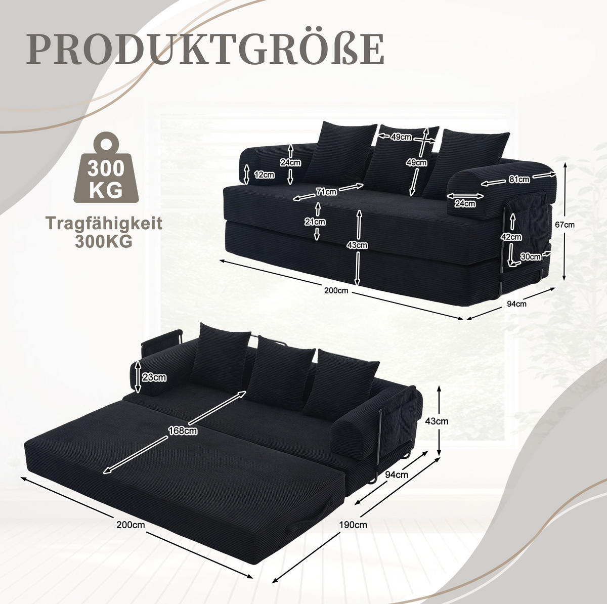 SOFA 200/94/67 cm aus Cord mit Metallrahmen und Seitentasche Schwarz - Schwarz, Textil (94/67/200cm) - Modenvie