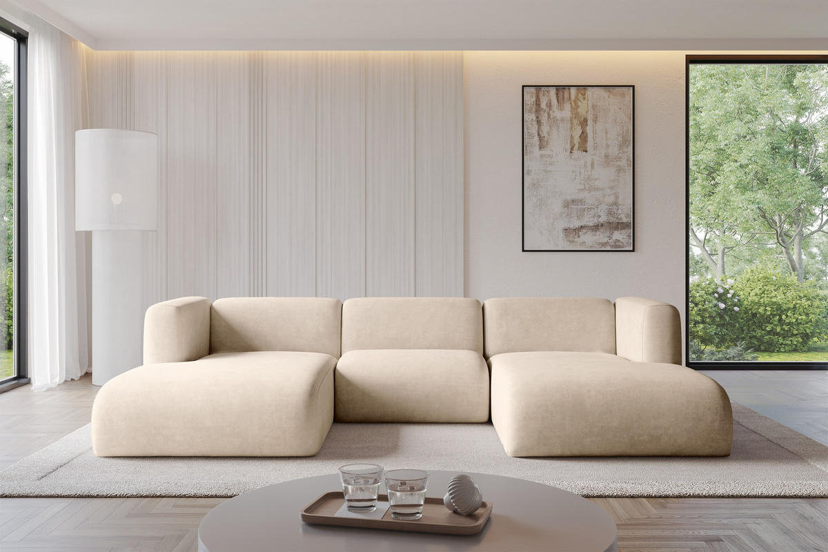 WOHNLANDSCHAFT MIRA-U1 317x179x70 Beige Velours - Greige/Beige, Holzwerkstoff/Kunststoff (317/70/179cm) - ALTDECOR