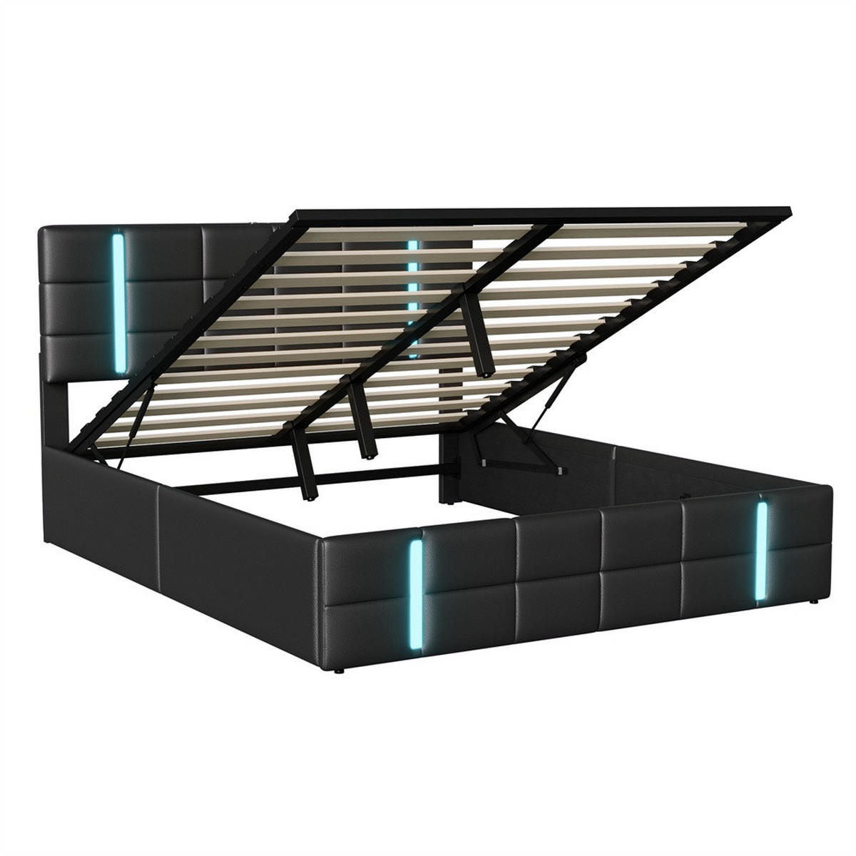POLSTERBETT 140x200 cm mit LED-Beleuchtung , 2 USB-Ports und hydraulischem Stauraum - ohne Matratze - Schwarz, Textil (140/200cm) - DELFA