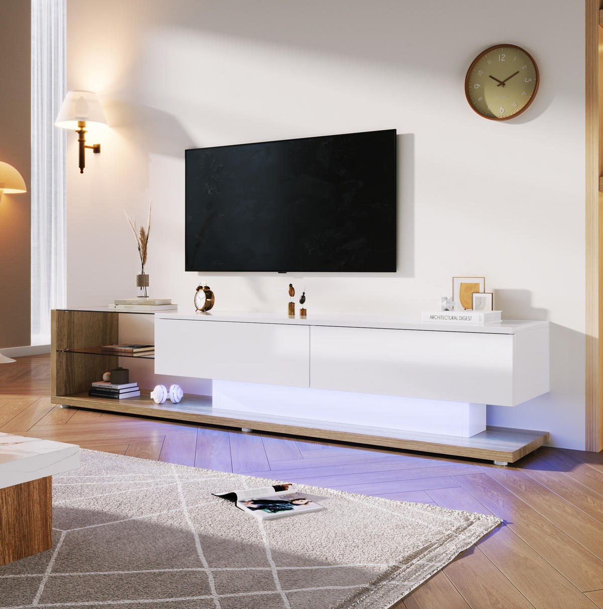 TV ormarić 170/36/38 cm bijeli od iverala s LED rasvjetom i staklenim policama - bijela, drvni materijal (170/38/36cm) - OKWISH