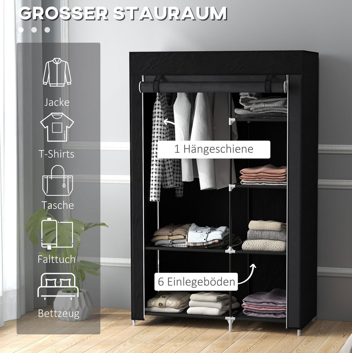 KLEIDERSCHRANK 103/162,5/43 cm Schwarz aus Stahl mit 6 Fächern - Schwarz, Metall (43/162.5/103cm) - OKMYHOME