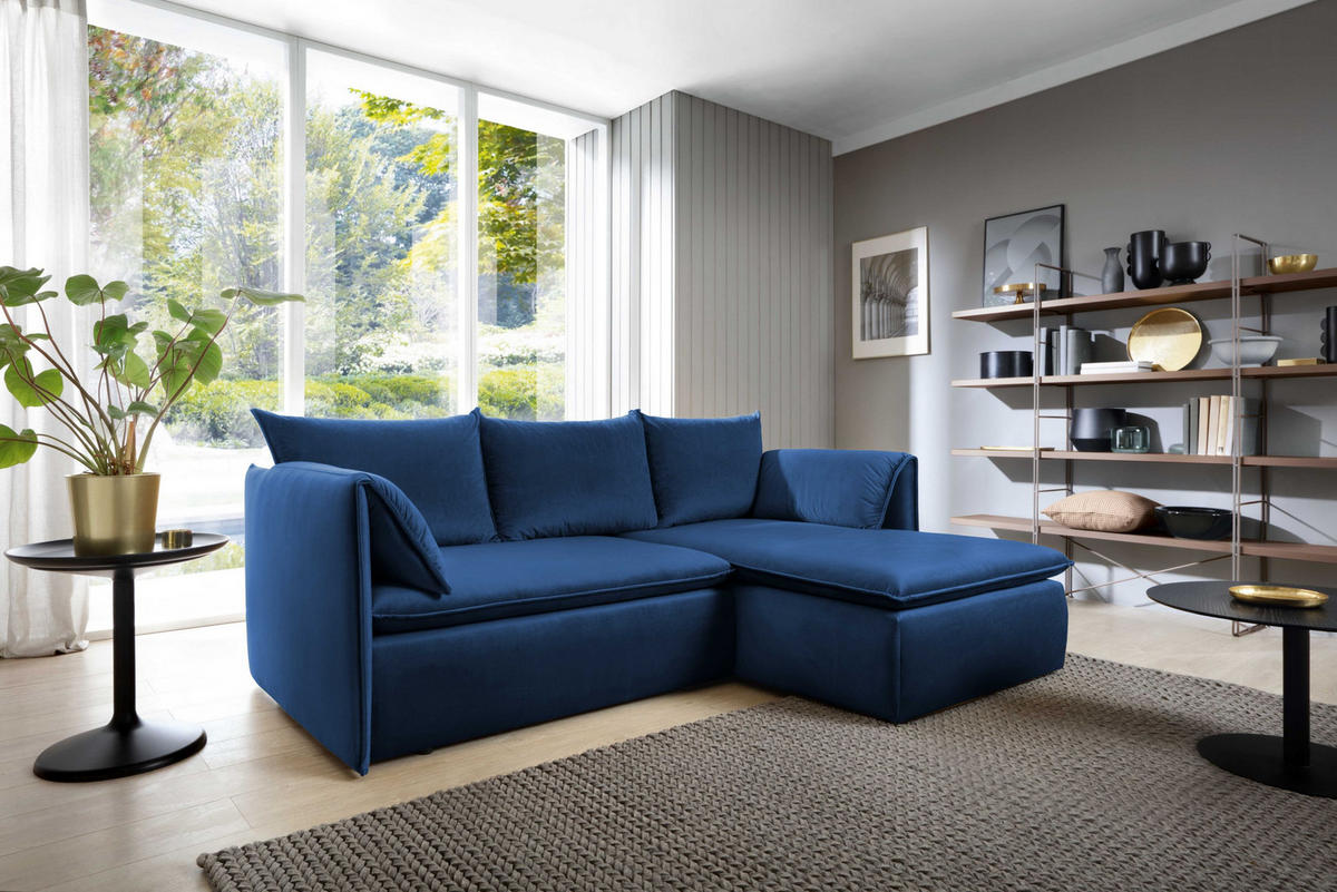 ECKSOFA PREGIO Blau Plüsch-Stoff mit Schlaffunktion - Blau, Holz (230/166cm) - MASSENO