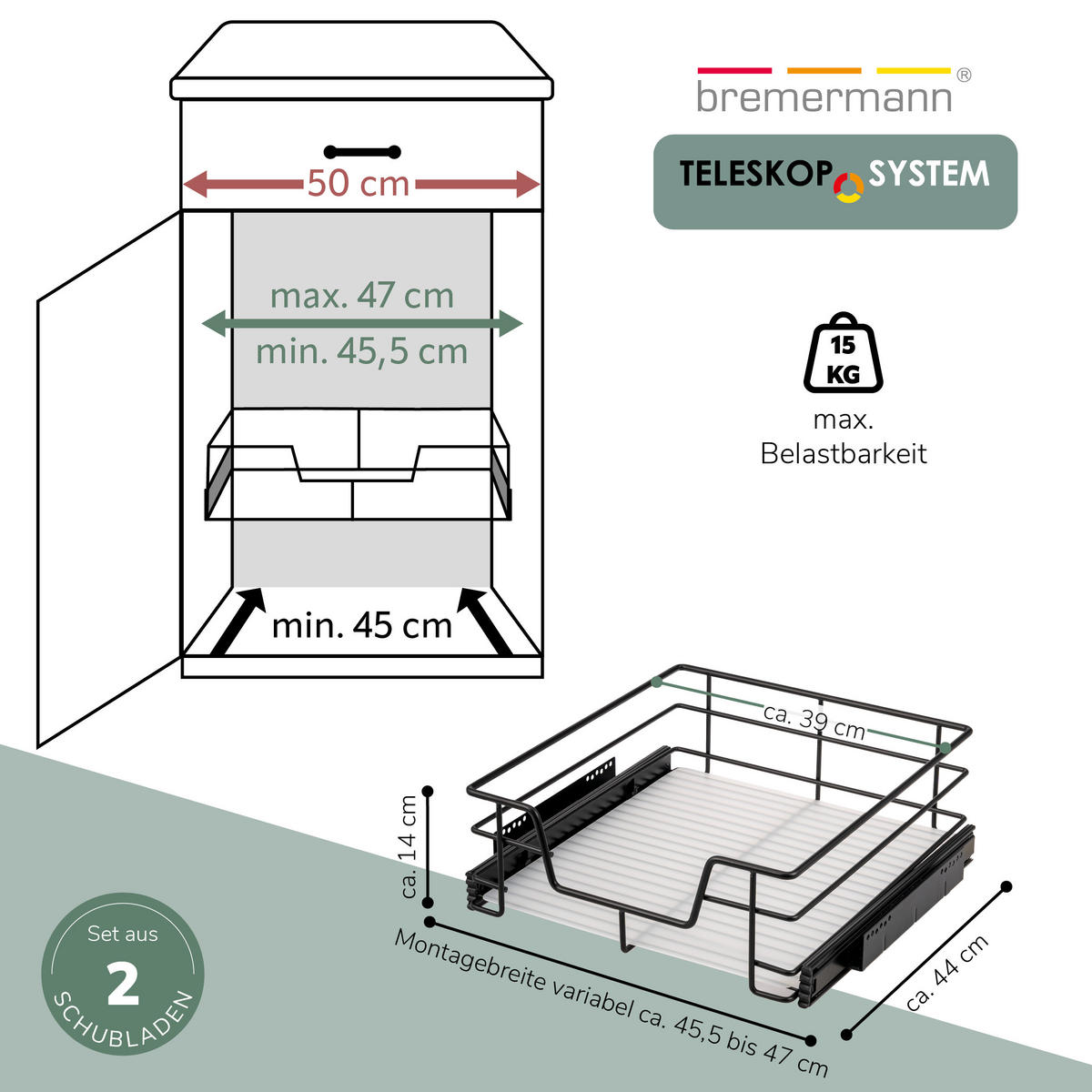 TELESKOPSCHUBLADEN (2er Set), für 50 cm Schrank, Metall, Schwarz - Schwarz, Metall (47/14/44cm) - bremermann