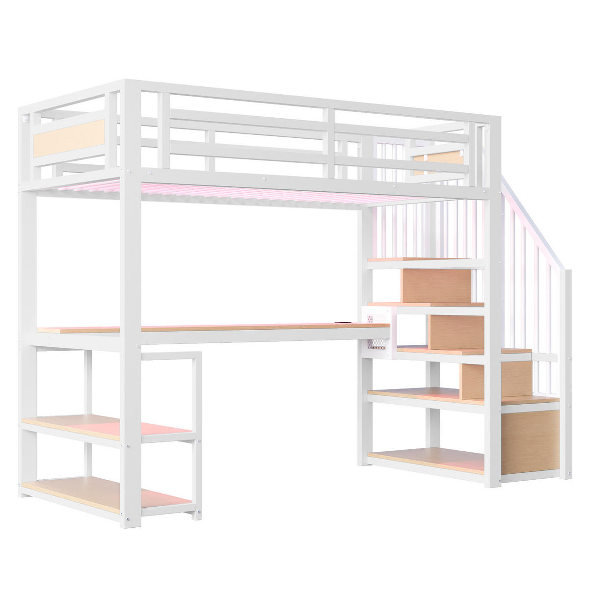 VISOKA postelja 90/200 cm bela z mizo, policami in stopnicami za shranjevanje iz kovine in MDF - bela, leseni material (90/200cm) - OKWISH