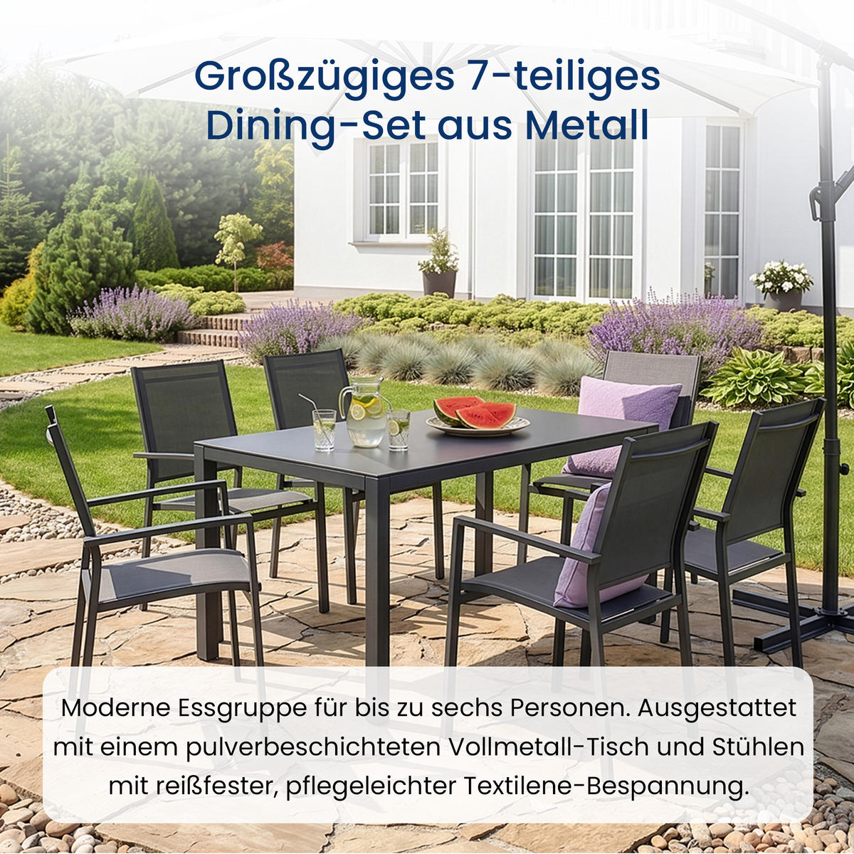 GARTENMÖBEL-SET mit 1 Esstisch und 6 Esszimmerstühlen. Anthrazit und Grau - Anthrazit, Metall - Home Collective