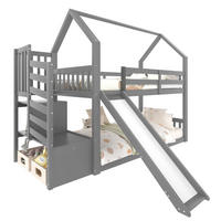 ETAGENBETT aus Kiefernholz und MDF 90x200 cm Grau mit Stauraumtreppe, Rutsche und Hausdesign - Grau, Holzwerkstoff (90/200cm) - Modfu