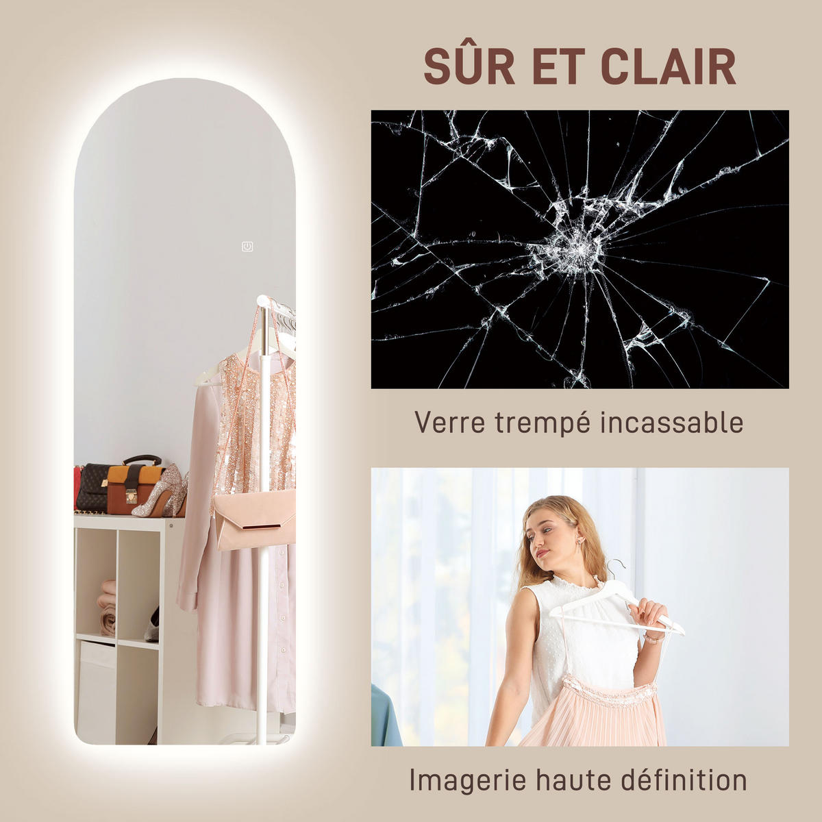 WANDSPIEGEL DE-17938 120x40 cm Bogenform mit dimmbarer LED - Transparent, Glas (40/120/3cm) - ComfortXL