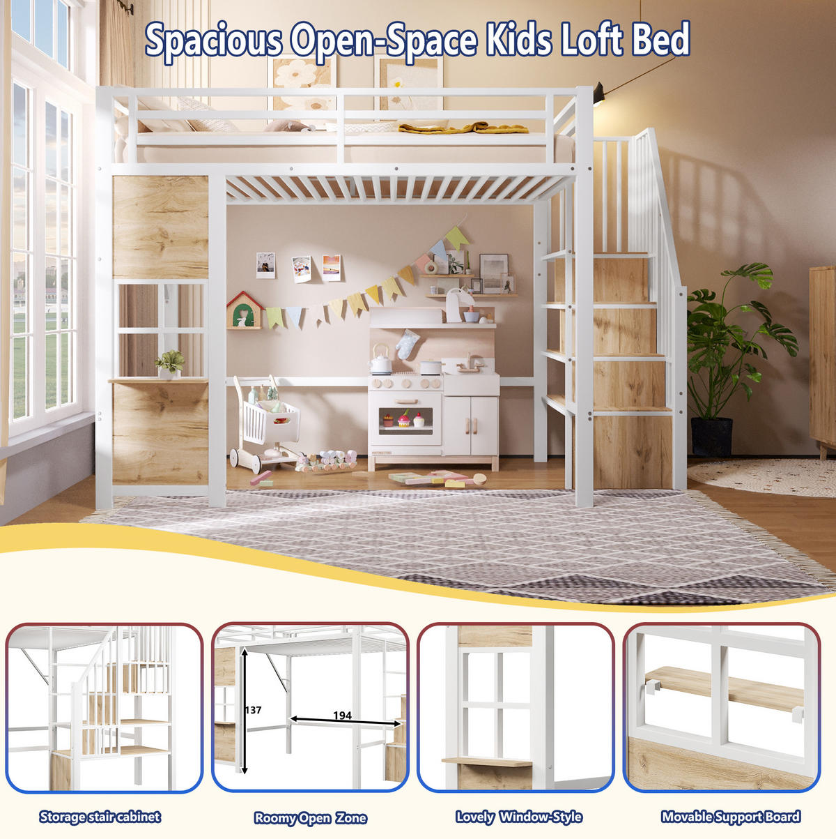 HOCHBETT 90/200 cm aus MDF und Metall mit Ablageleiter, Weiß - Weiß, Holzwerkstoff (90/200cm) - OKMYHOME
