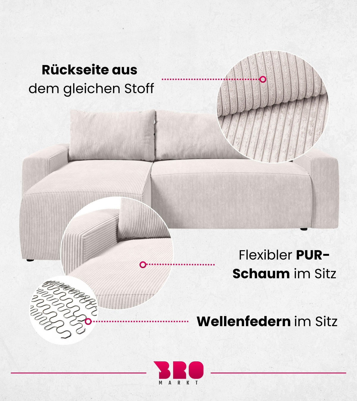 ECKSOFA PLUSH mit Schlaffunktion Weiß Cord - Weiß, Textil (240/145cm) - Bromarkt