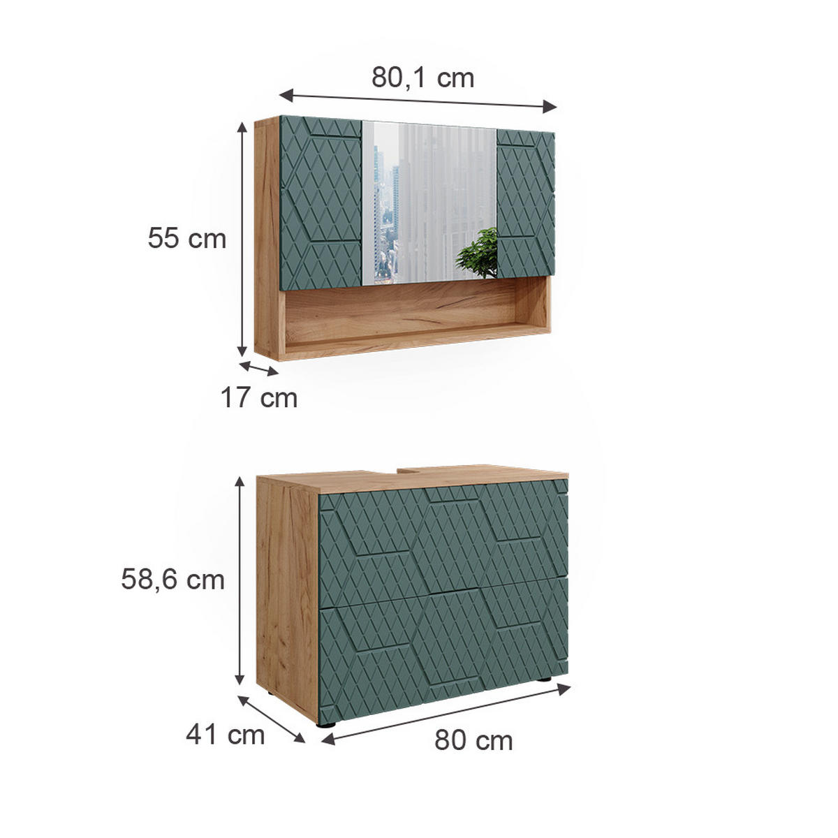 BADMÖBEL-SET Irma Grün 2 Teile, Unterschrank 80 cm - Eiche Wotan/Grün, Holzwerkstoff (80/58.6/41cm) - Vicco