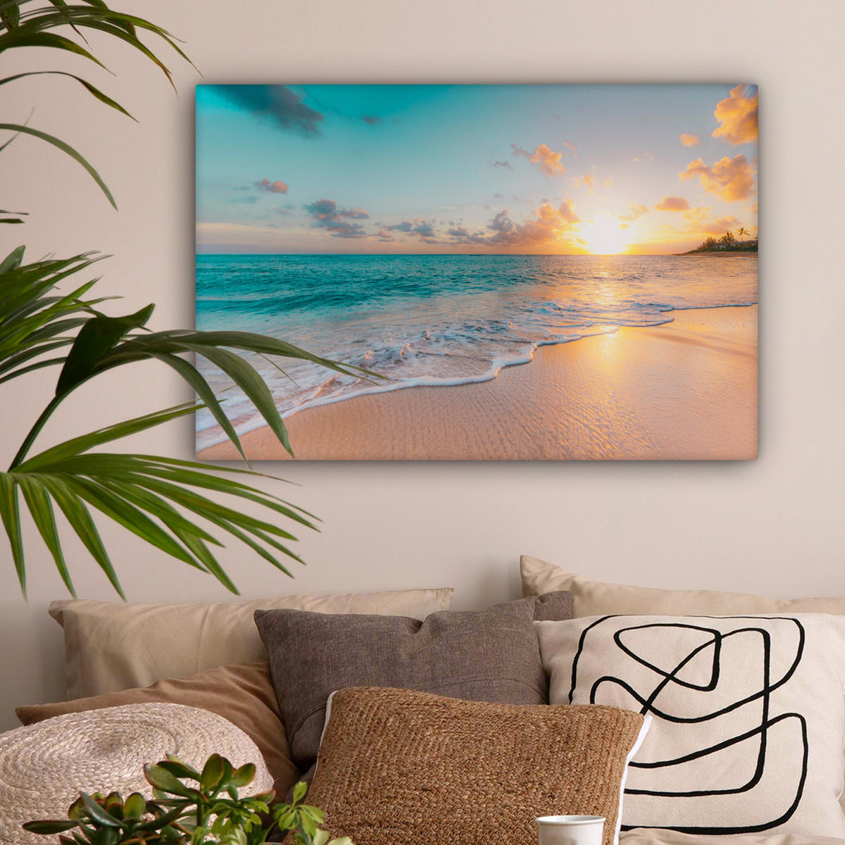 LEINWANDBILD - Sonnenuntergang - Strand - Meer - Sommer - Blau - 90x60 - Deko Wohnzimmer - Multicolor, Textil (90/60cm) - MuchoWow