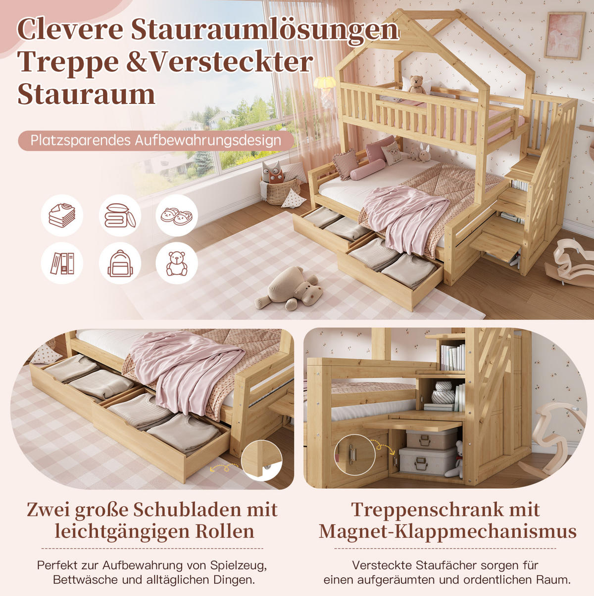 ETAGENBETT Holz 140x200 cm Eichefarben mit Treppenschrank, 2 Schubladen und Giebeldach - Eichefarben, Holz (140/200cm) - Modfu