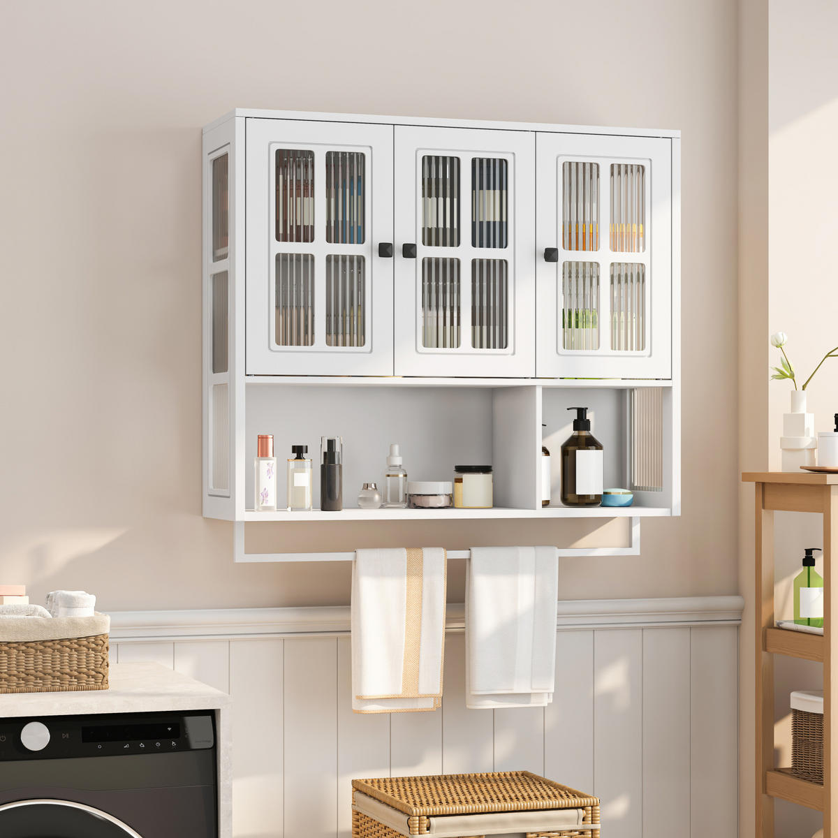 KÜCHENOBERSCHRANK 88/26/82,5 cm aus MDF und Glas mit Handtuchhalter Weiß - Weiß, Holzwerkstoff (88/82.5/26cm) - Modenvie