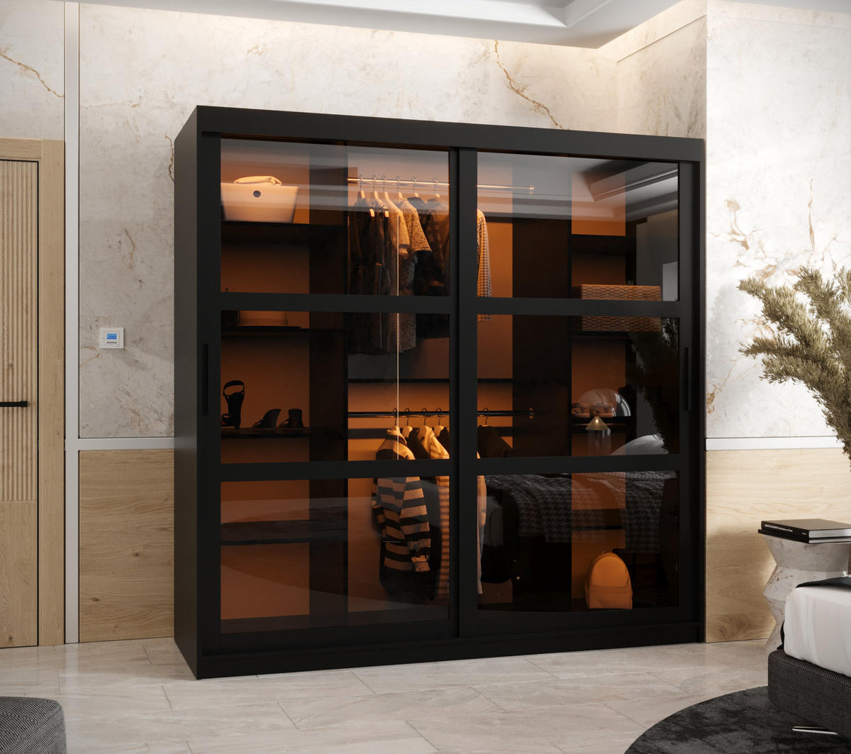 SCHWEBETÜRENSCHRANK 200/180/62 2-türig - Schwarz, Holz/Kunststoff (180/200/62cm) - Abiks Möbel