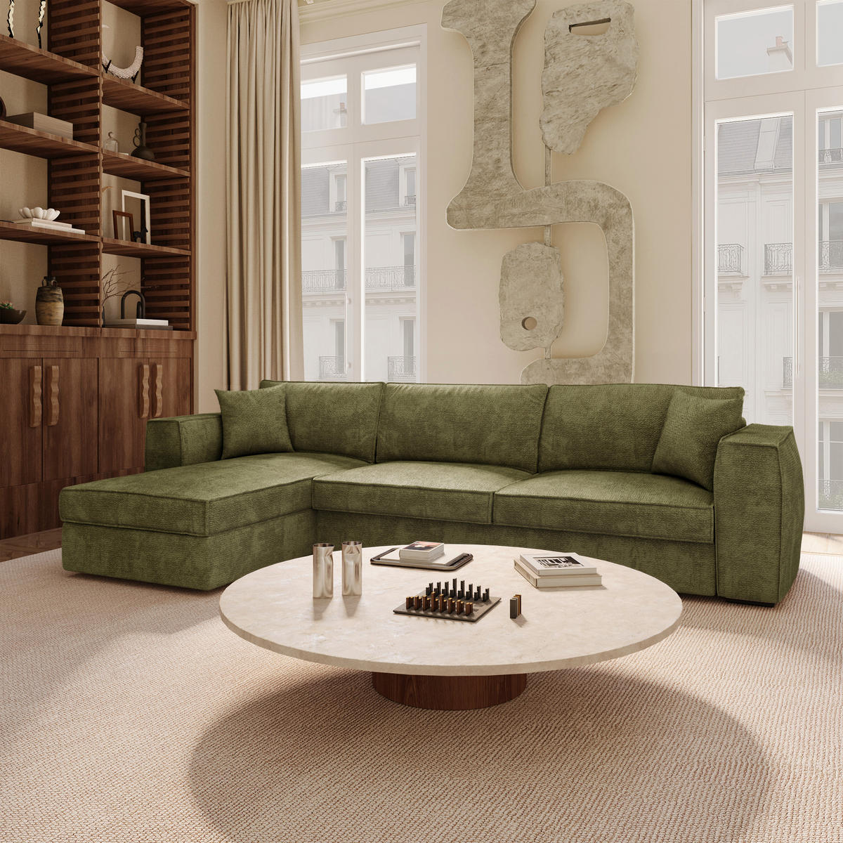 LINKSECK-SCHLAFSOFA MIKA Kettgewebe mit weichem Griff Vintage-Grün 292cm - Dunkelgrün/Grün, Textil (292/100cm) - Premium Interiors