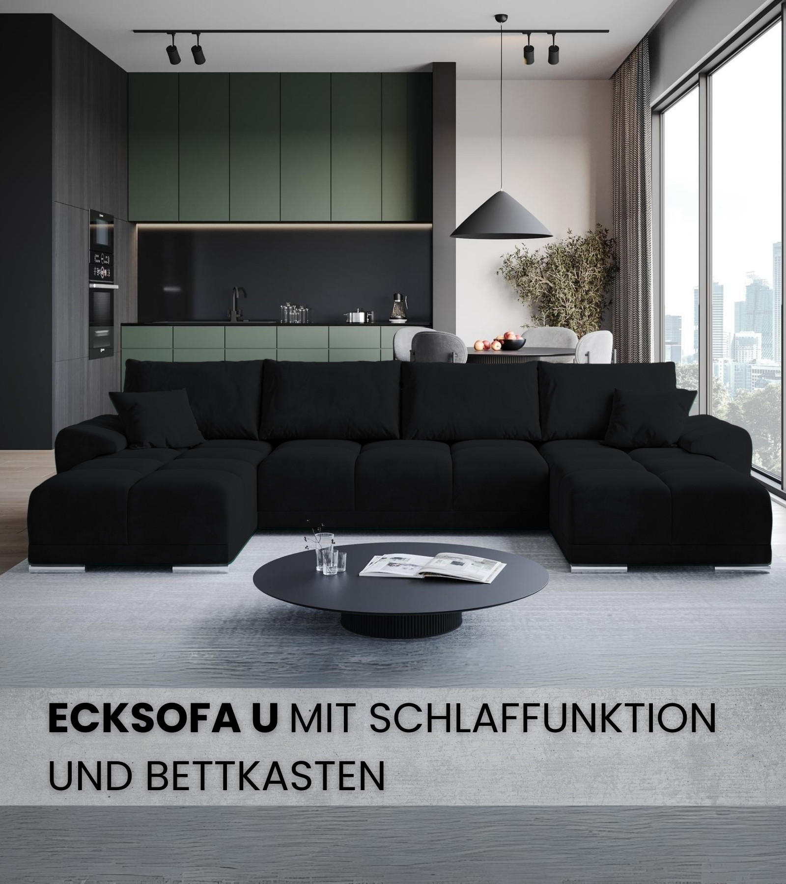 WOHNLANDSCHAFT Nubes mit Schlaffunktion Graphit Plüsch - Silberfarben/Graphitfarben, Kunststoff/Textil (372/85/184cm) - Bromarkt