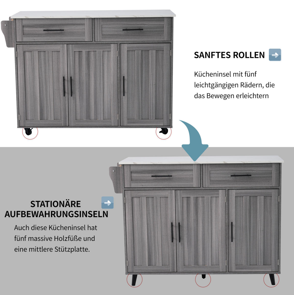 KÜCHENWAGEN mit Klapptisch 129 x 71 x 91,5 cm Grau Weiß - Grau, Holz (46/91.5/129cm) - Beauniv