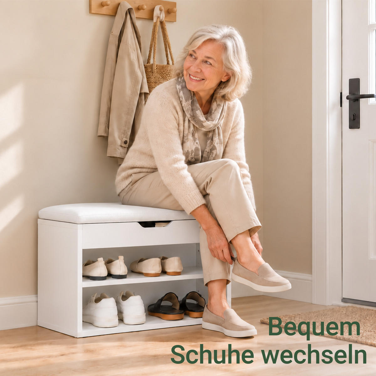 SCHUHBANK weiß, 60 cm breit, PU-Sitzpolster, 2 offene Böden für 6 Paar, bis 120 kg, Staufach unter der Sitzfläche - Weiß, Holzwerkstoff (60/44/30cm) - SoBuy