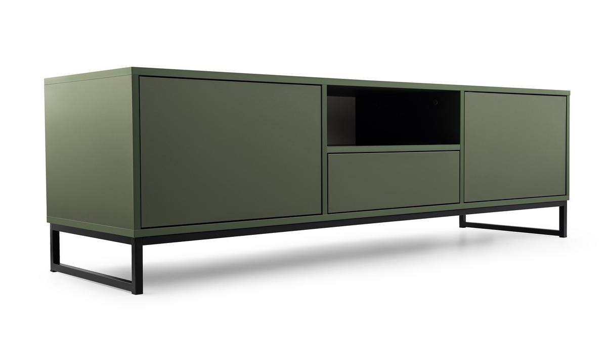 TV-ELEMENT GENUA Flaschengrün, Schwarzer Rahmen, 2 Türen, 1 Schublade - Grün, Holzwerkstoff (160/48/45cm) - Bettso