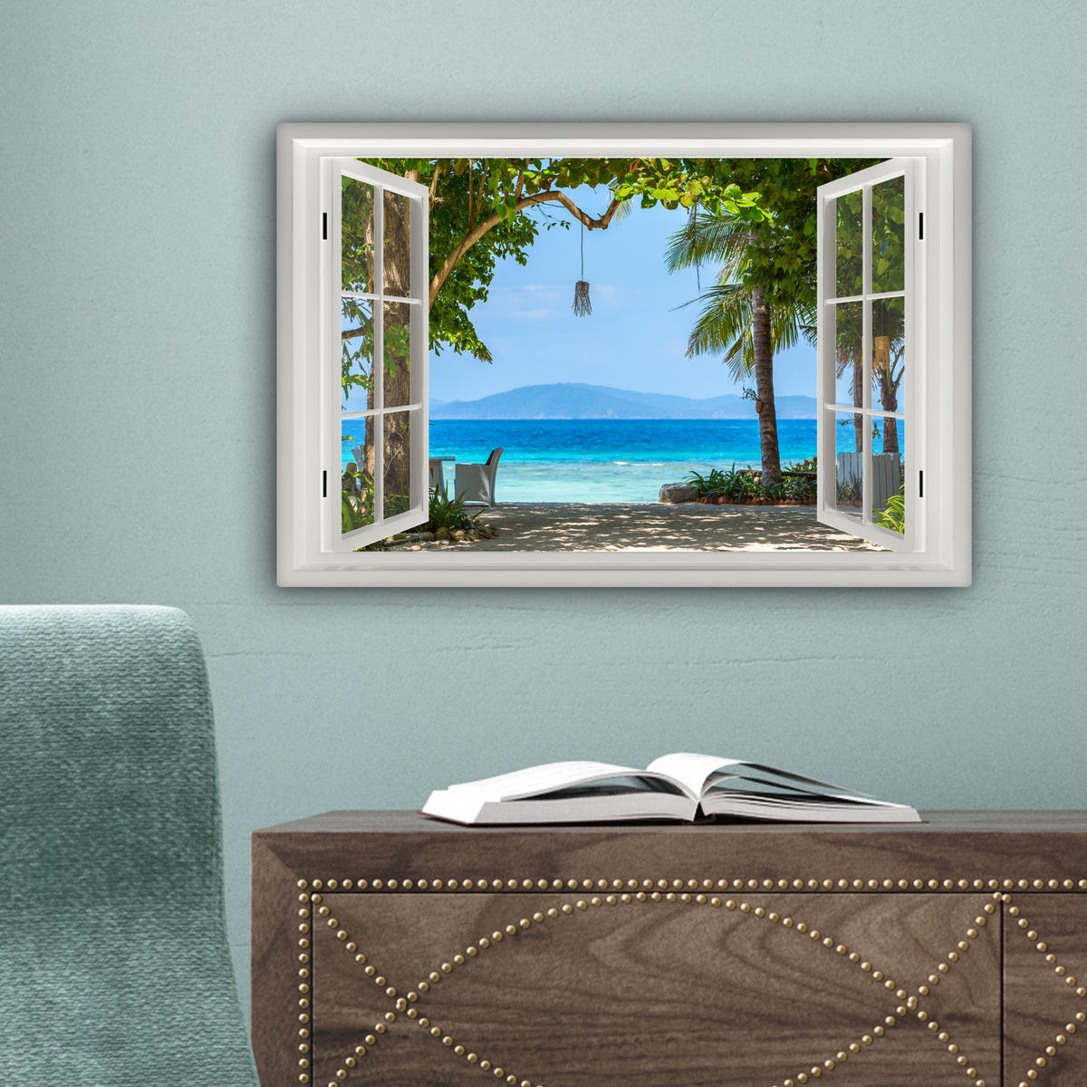 LEINWANDBILD Aussicht - Baum - Meer - Palme - Hügel - Strand - Blau 30x20 cm - Blau, Textil (30/20cm) - MuchoWow