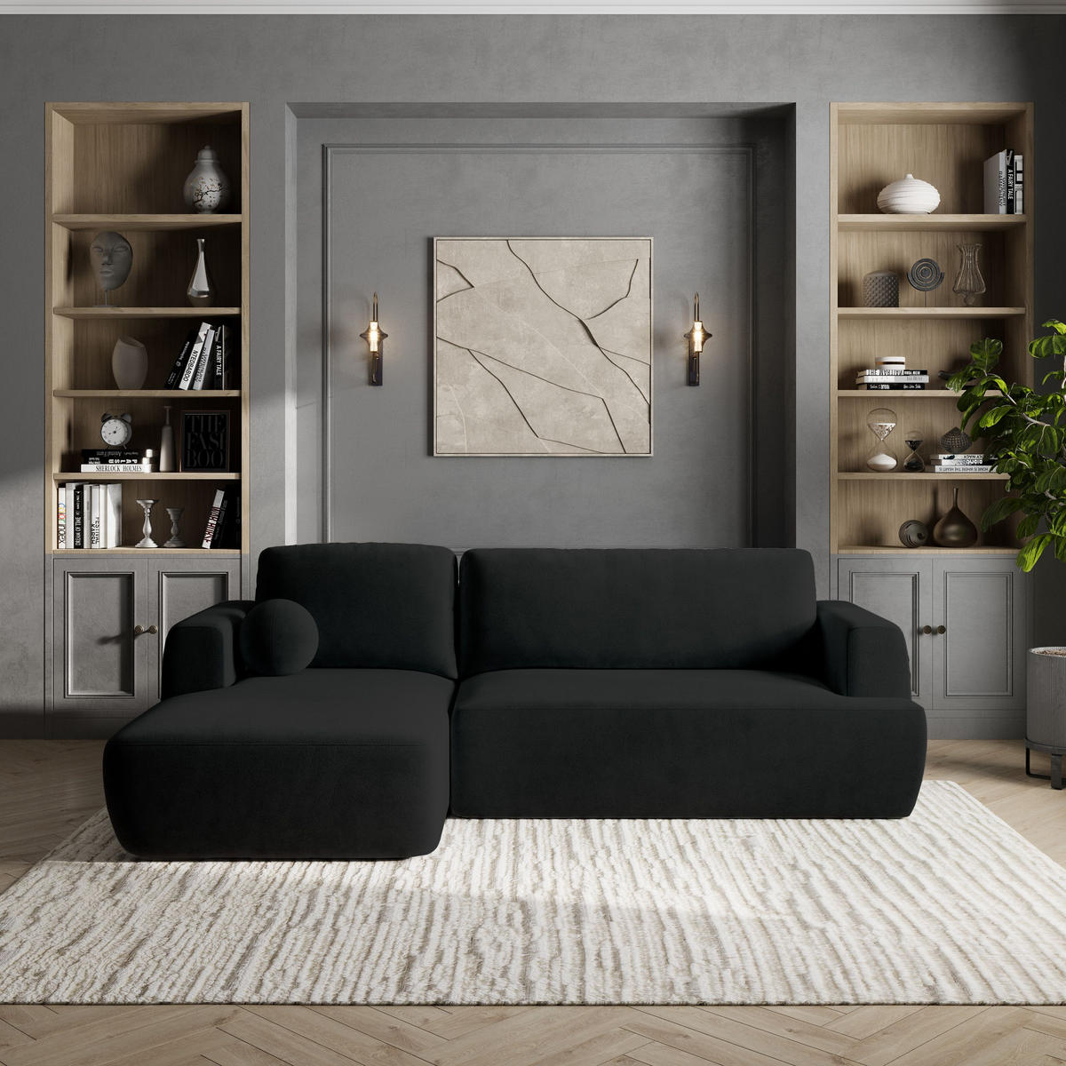 ECKSOFA SENTI K L-S Schwarz Plüsch-Stoff mit Schlaffunktion - Schwarz, Holz/Kunststoff (246/148cm) - MASSENO