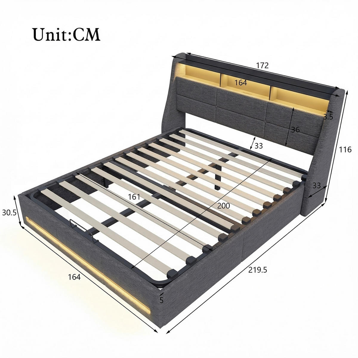 POLSTERBETT 160x200 cm mit Bettkasten, Doppelbett 160x200 cm mit LED und USB, Stauraumbett mit Hydraulik, Grau Leinenstoff - Grau, Glas/Holzwerkstoff (160/200cm) - GENKI LIVING