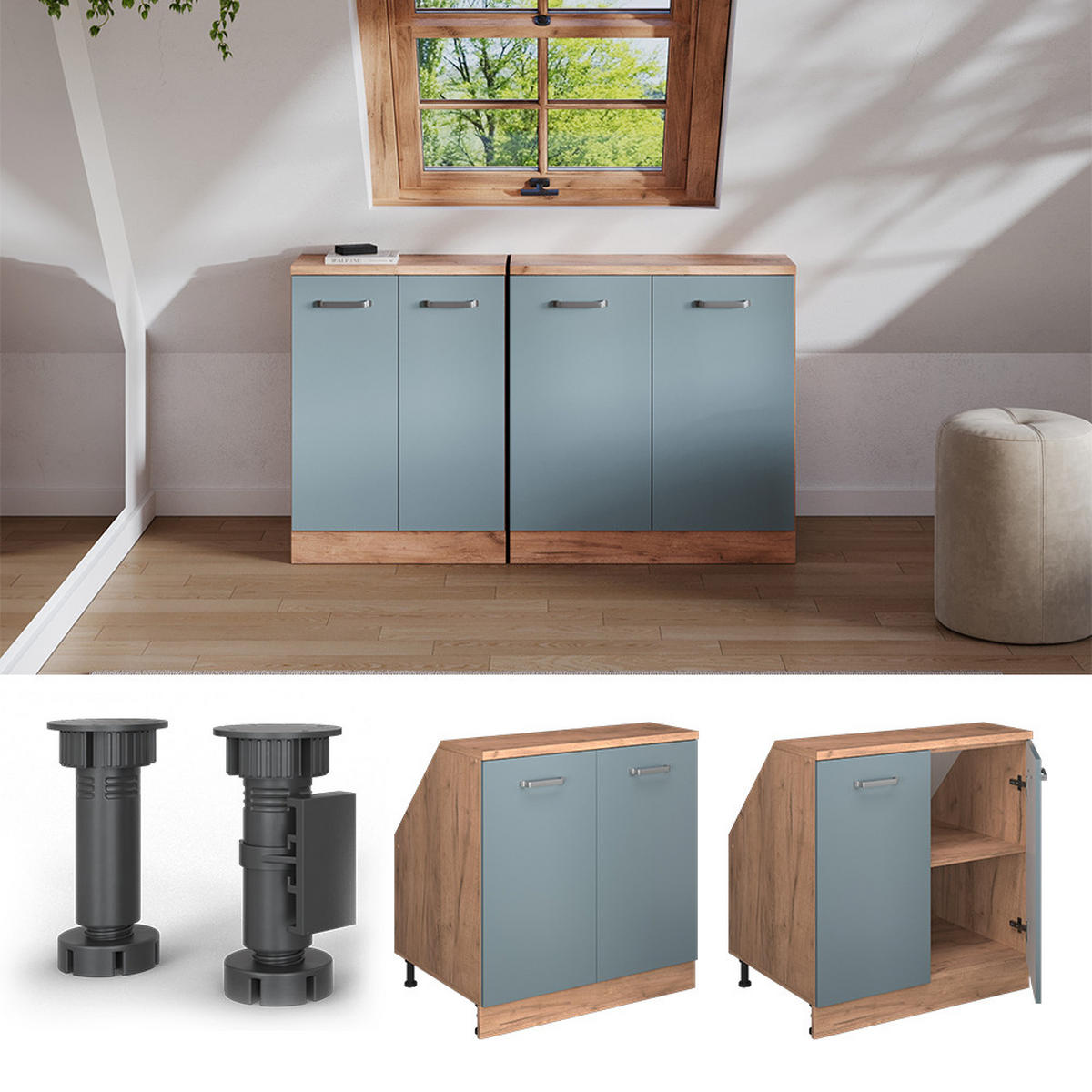 WARDROBE FOR SLOPING CEILING Rion Plavo-Siva 80 x 81.6 cm s 2 vrata, korpus ormara dubine 60 cm - hrast medunac/plavo-siva, drvni materijal (80/83.8/60cm) - Vicco