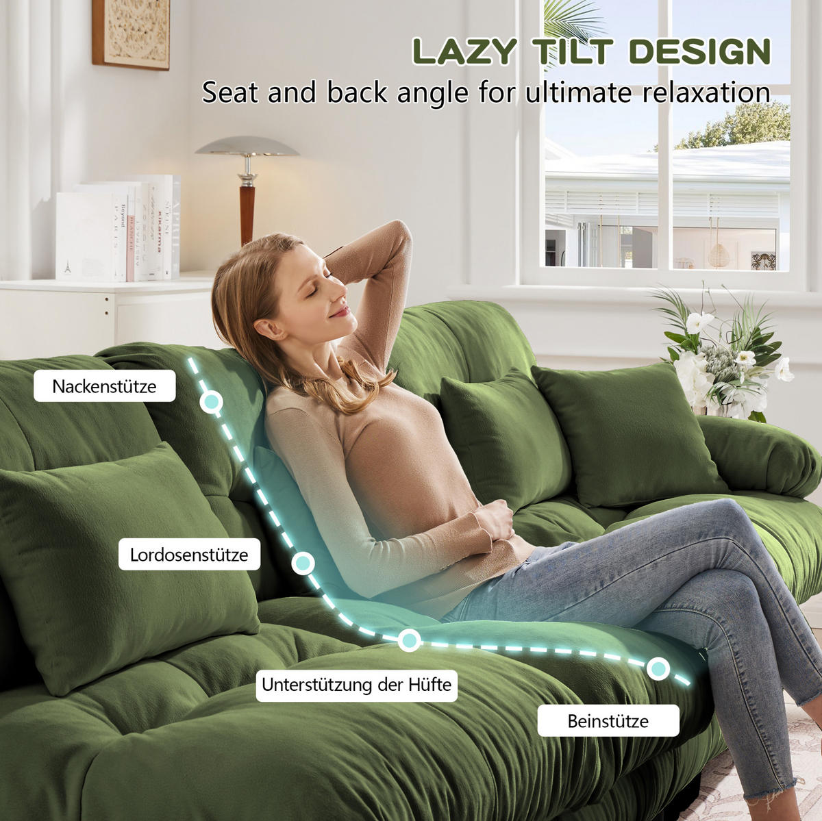 ECKSOFA modular mit beweglichen Ottomane, breiten Armlehnen und Zierkissen, Grün - Grün, Textil (220/145cm) - Redom