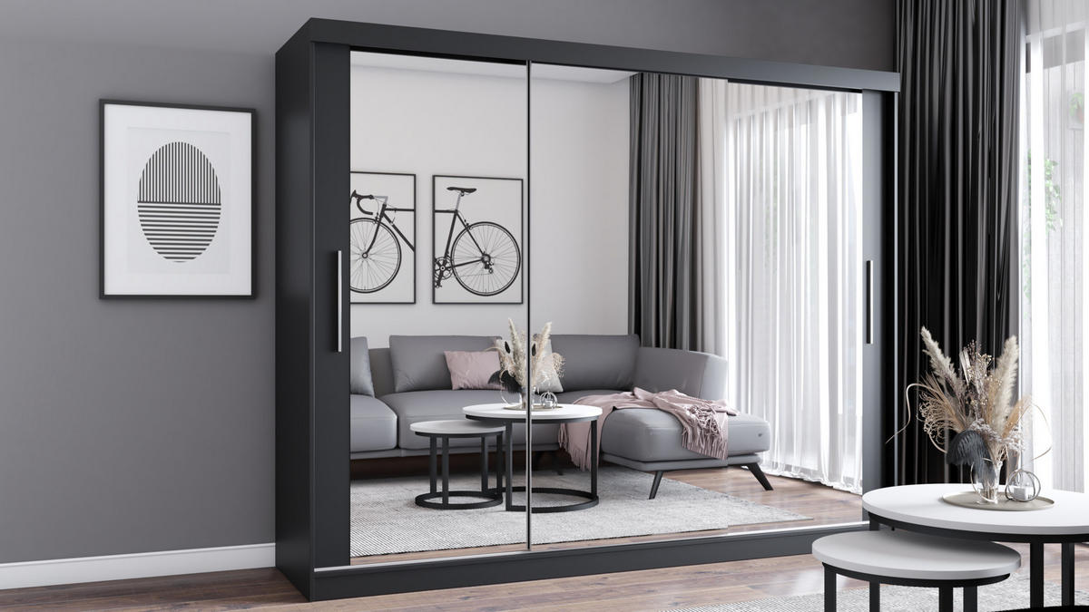 SCHIEBETÜRENSCHRANK - Milko 250 Schwarz - Schwarz, Holzwerkstoff/Metall (250/215/64cm) - Möblo