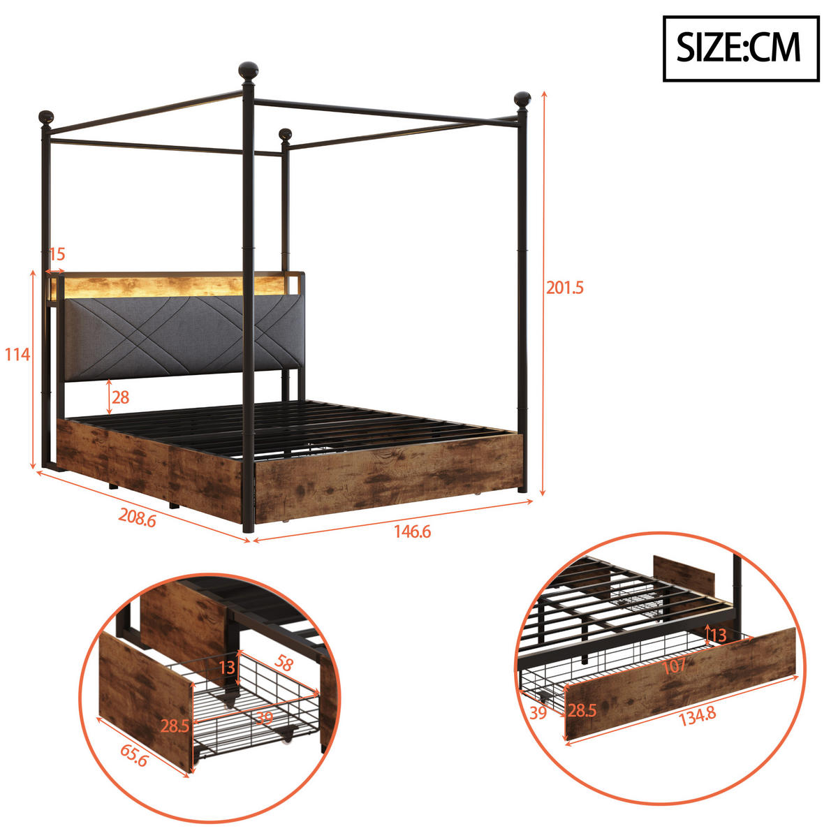 METALLBETT 140/190 cm mit Kopfteil, LED und USB/Type-C – schwarz - Schwarz, Metall (140/190cm) - BEAOK